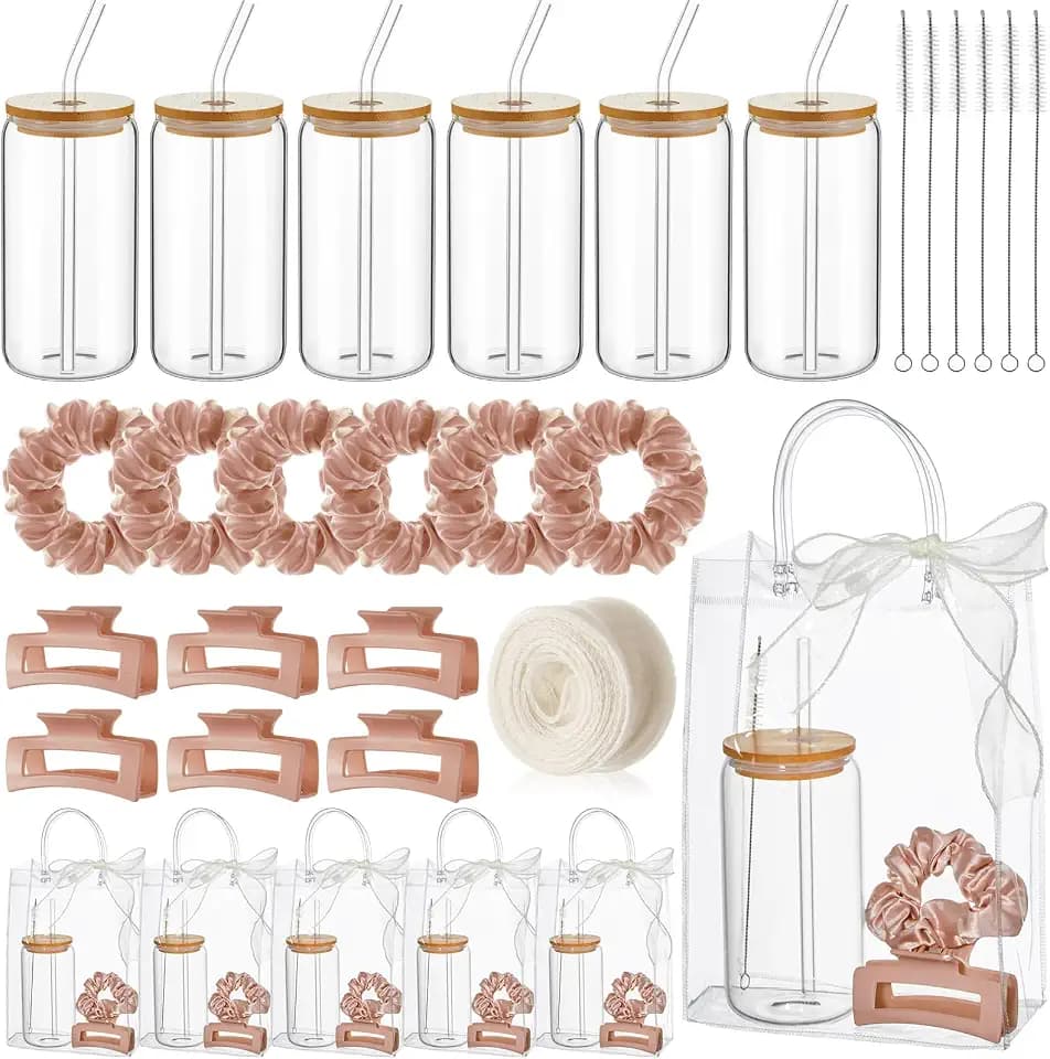 SiliFine 25 Pcs/ 6 Set Birthday Gifts for Girls, Light Tan Birthday Gifts Party Supplies 6 Glass Cups 6 Hair Bands 6 Hair Clip 6 Tote Bags 1 Ribbon for Women Spa Sleepover Slumber Party Favor