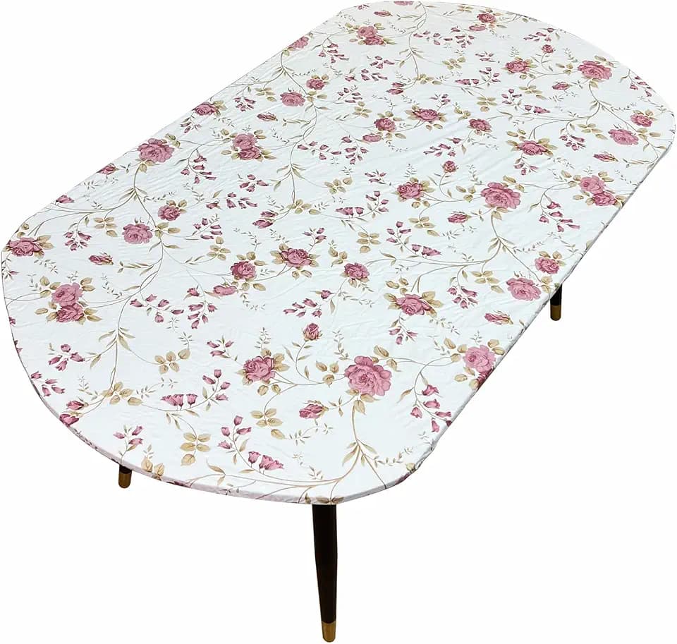Pioggia Oval Vinyl Fitted Tablecloth with Flannel Backing Elastic Table Cloth Waterproof Oil-Proof Plastic Table Cover Best for Up to 42" x 60"