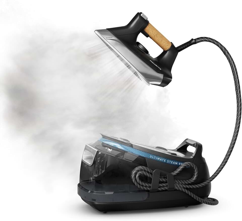 Rowenta, Iron, Ultimate Steam Pro Stainless Steel Soleplate Professional Steam Station for Clothes, 1800 Watts, 1.3L Removable Tank, Boiler Technology, Fast Heat Up, Black Clothes Iron, DG8668