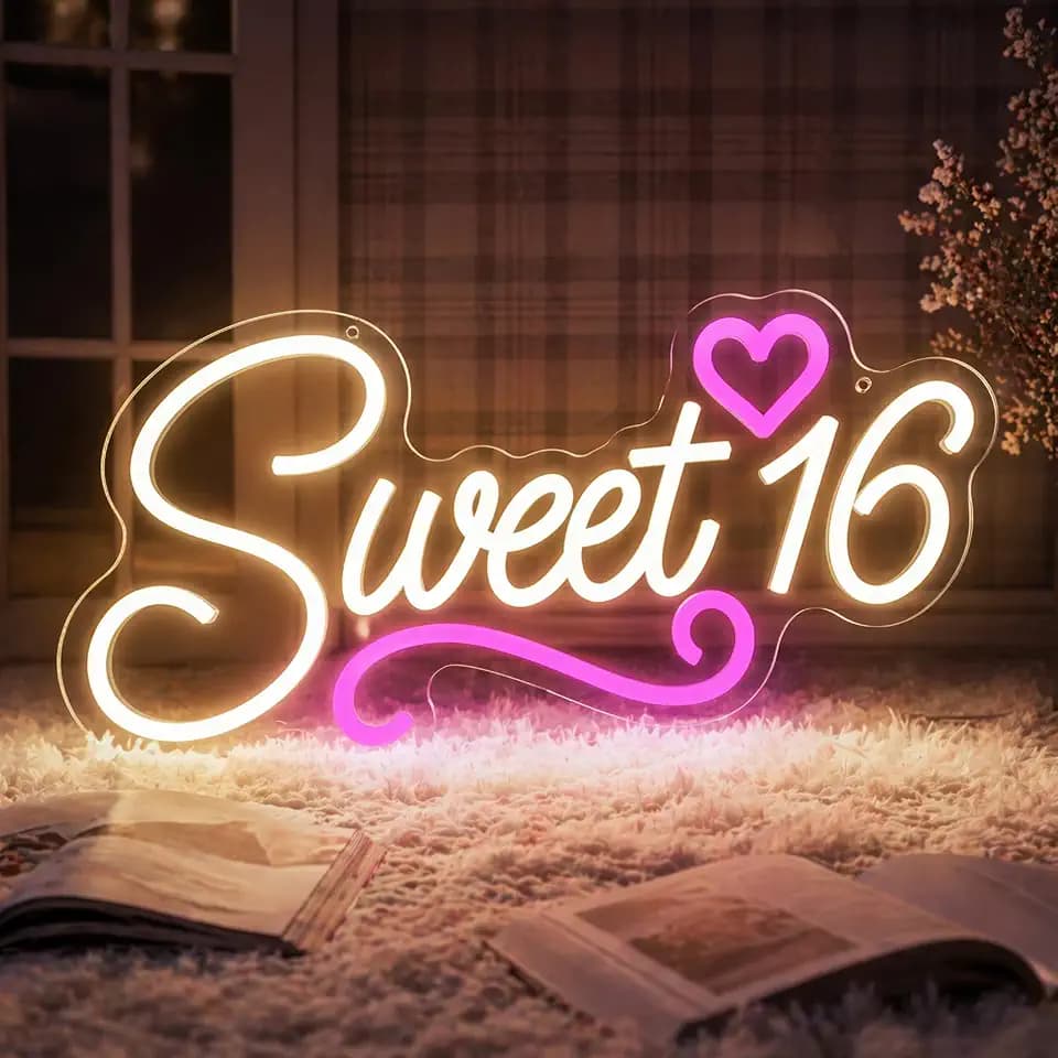 Sweet 16 Neon Sign, LED 16th Birthday Party Decor Light 16.1"X8.6"