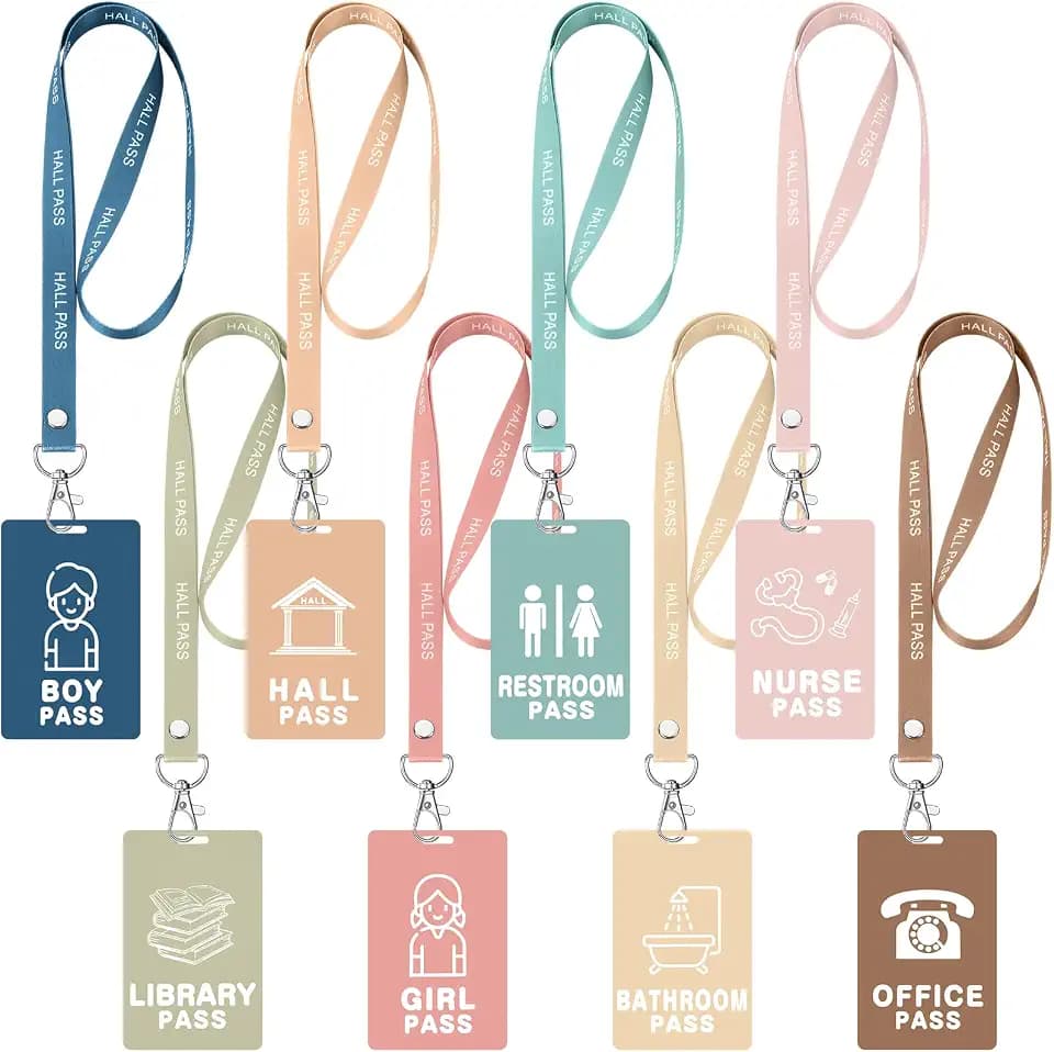 Fuyoooo 16 Pcs Boho Hall Pass Lanyards, PVC Classroom Passes 2.4x3.5