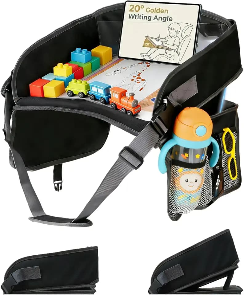 Kids Travel Tray for Car Lap Desk for Kids Ergonomic Elevated Angle Car Seat Tray with Cup Holder Storage Pockets Ideal Travel Essentials for Long Trips