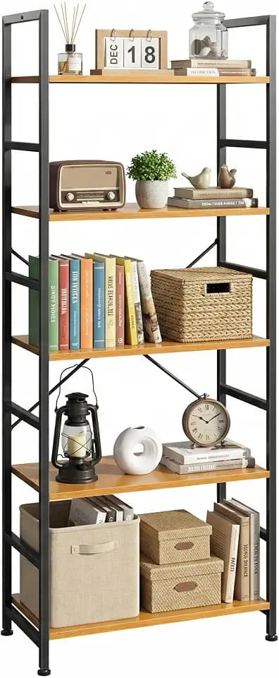 DUMOS 5 Tiers Bookshelf, Classical Book Shelf, Tall Display Shelves in Living Room/Home/Office, Storage Organizer for CDs/Books/Movies, Freestanding Storage Decor Organizer, Wood