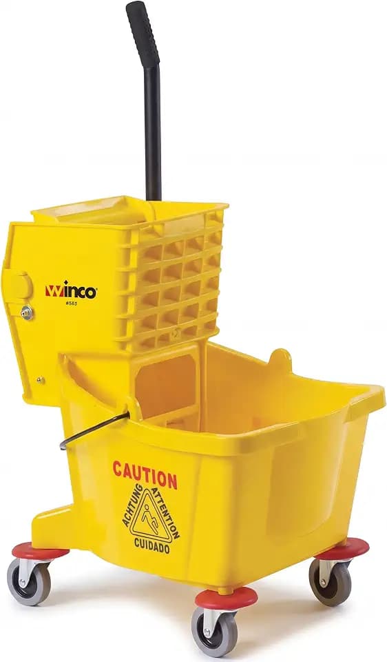Winco 26 qt Yellow Commercial Plastic Mop Bucket on Wheels