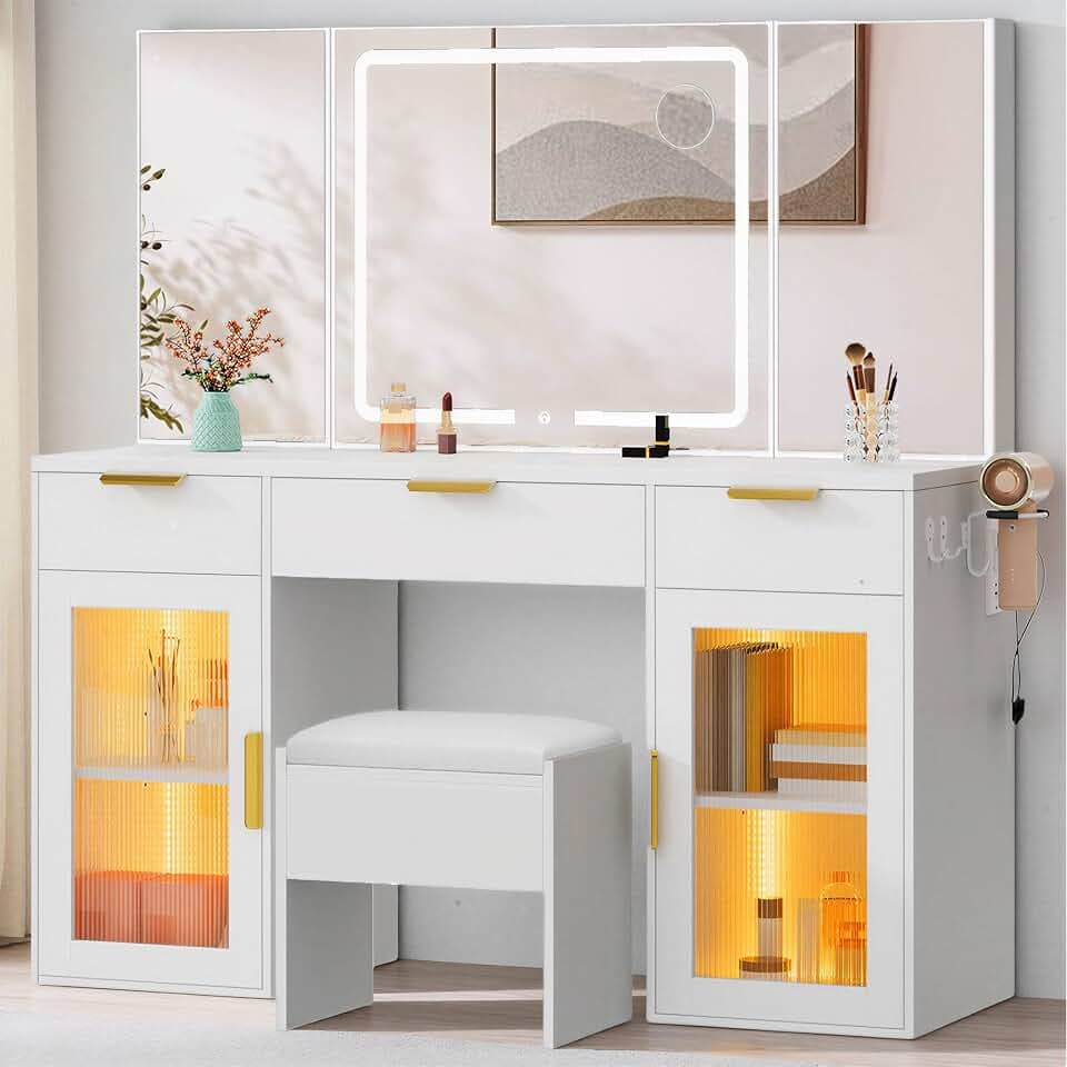 DWVO 56" LED Vanity Desk with Tri‑Fold Mirror & Lights