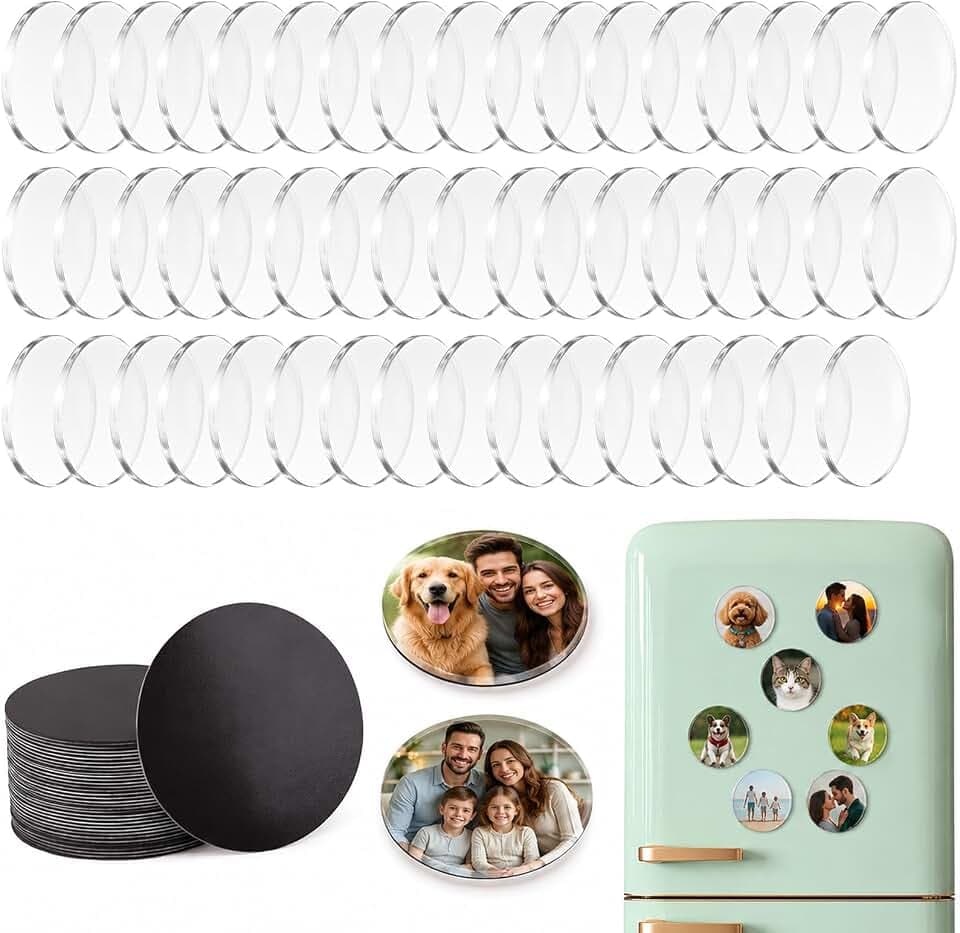 50 Pack 0.2inch Thick Clear Acrylic DIY Fridge Magnets Set with Adhesive Backing, Round Magnetic Photo Frames for Crafts, Kitchen, Classroom, Party & Office Decoration