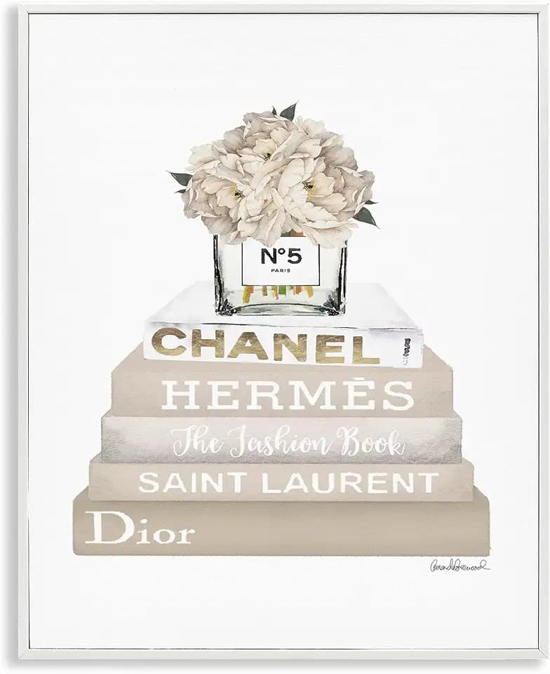 Beige Fashion Bookstack Floral, 16 x 20 Inch Framed Giclée Print