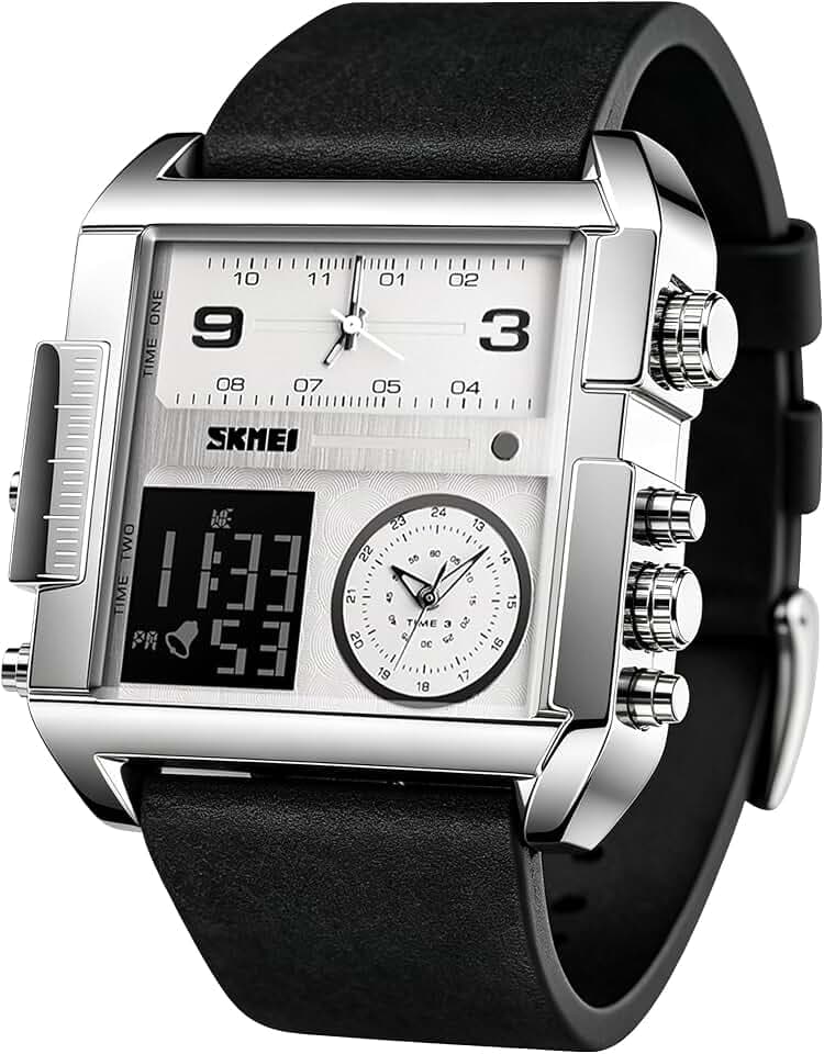 SKMEI Men's Digital Sports Watch, LED Square Large Face Analog Quartz Wrist Watch with Multi-Time Zone Waterproof Stopwatch