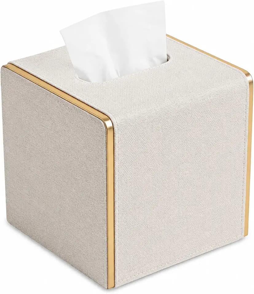 PU Leather Square Tissue Box Cover, Linen Tissue Box Holder with Magnetic Closure, Decorative Modern Cube Tissue Box for Bathroom Vanity Countertop Bedroom Office Desk (Beige)