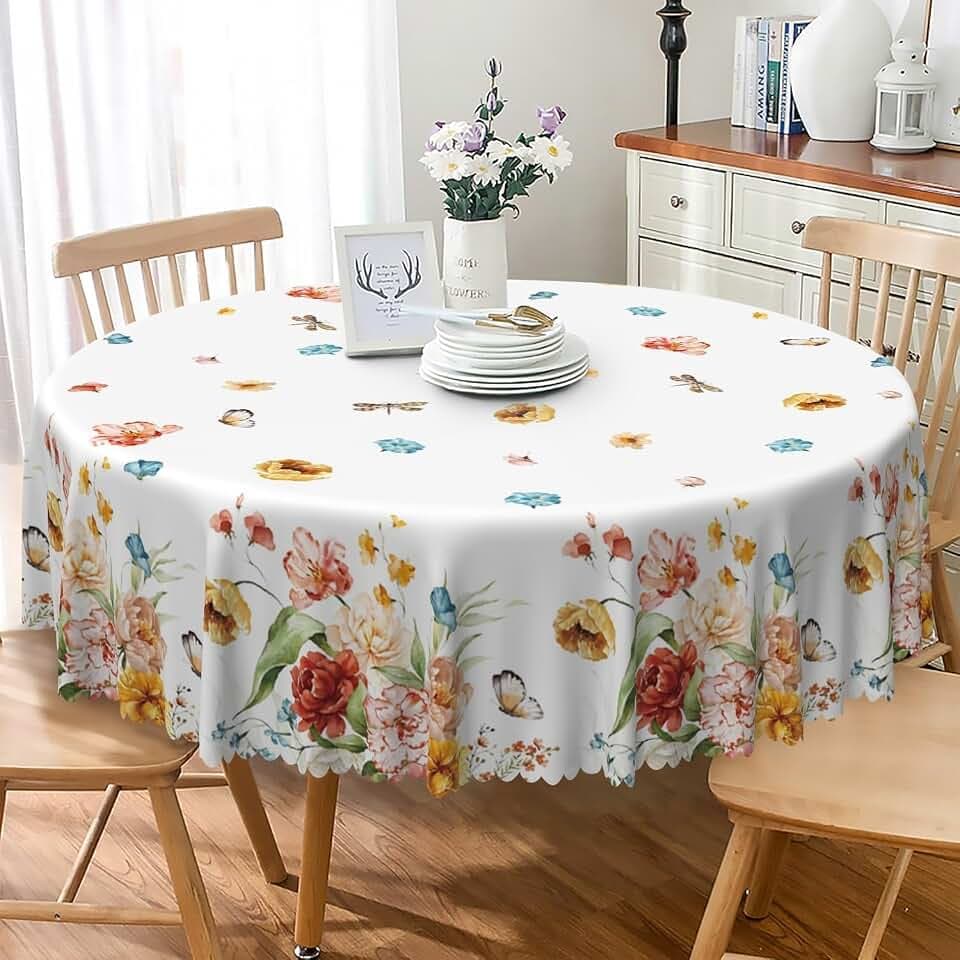 Watercolor Floral Round Tablecloth 60 Inch Blush Pink Yellow Blue Flowers Blossom Butterfly Dragonfly Decorative Table Cloth Washable and Reusable Table Cover for Kitchen Dining Room