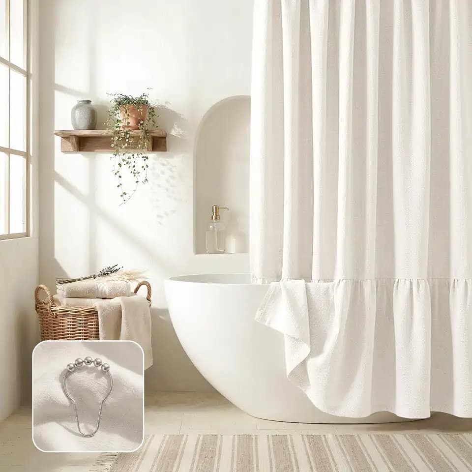 Linen Shower Curtains for Bathroom - Farmhouse & Bohemian Shower Curtains, Neutral Textured 1:2 Ruffled Shower Curtain, Spa-Like, Easy Care (White, 72" W x 72" L, Plain)