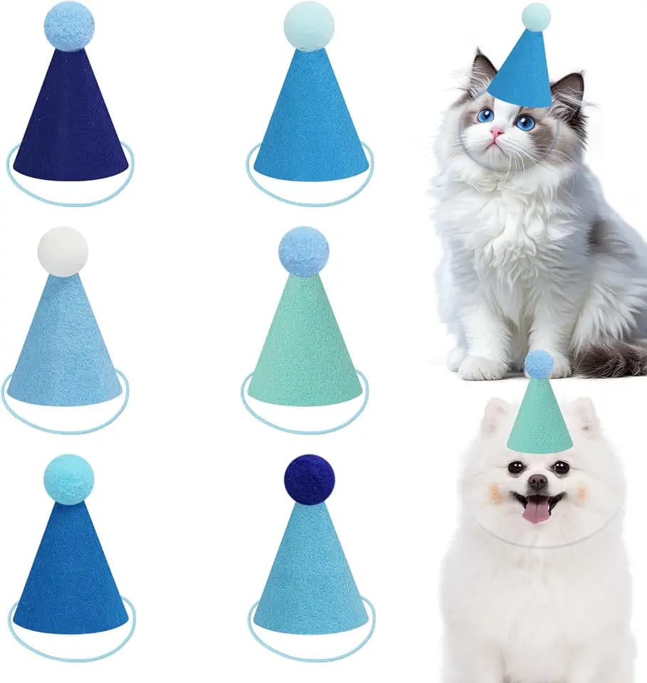 6 PCS Blue Mini Party Hats for Stuffed Animals, Dogs, Cats, Dolls, Finished Birthday Party Cone Hats, Felt Fabric Material, No Assembly Required