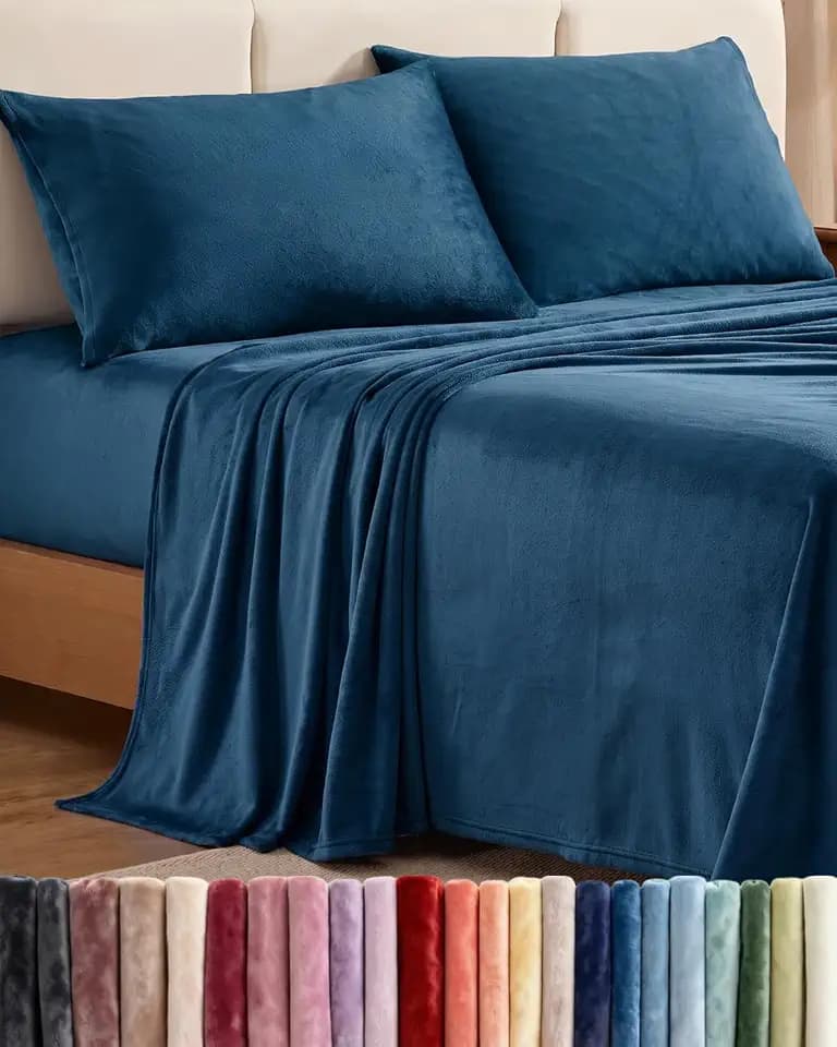 Fleece Sheets Queen Size Set - 4-Piece Velvet Flannel Sheet Set - Navy