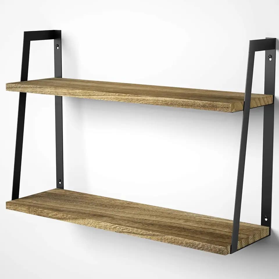 SRIWATANA Carbonized Black 2-Tier Floating Shelves, Wood Wall Storage Shelf