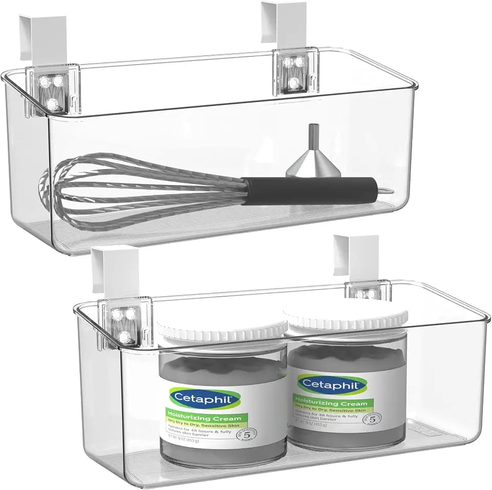 vacane 2 Pack Plastic Over Cabinet Door Organizer with Removable Hooks, Clear Hanging Baskets for Organizing Over the Cabinet Organizer Holder for Kitchen, Bathroom-Hang Outside or Inside Door-M