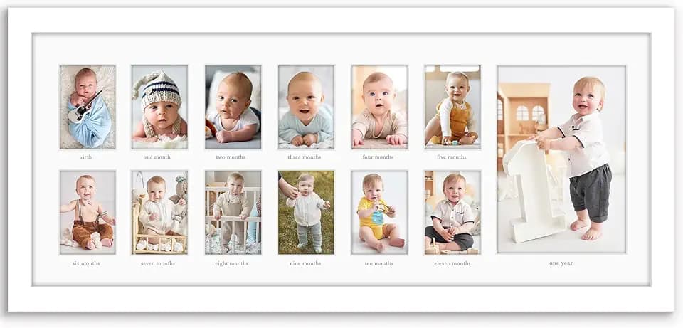 Americanflat 9x22 First Year Photo Frame with Shatter-Resistant Glass - Fits Twelve 2x3 Photos and One 5x7 Picture - Collage Frame for Nursery Decor, Newborn Mom Gift or Baby Shower- White