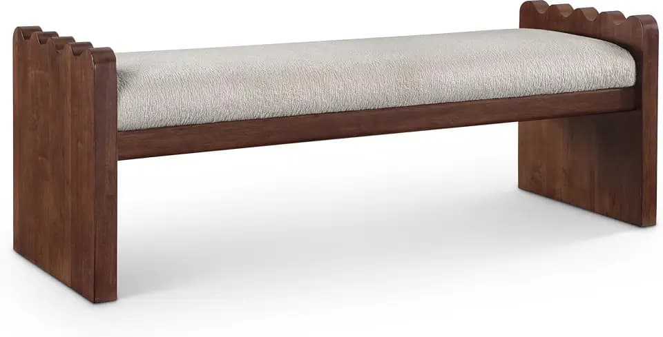 Meridian Furniture 22039Beige Sonia Collection Art Deco Bench with Soft Beige Velour Fur Fabric, Rich Brown Walnut Finish, Mix of Solid Wood & MDF, 52" W x 18" D x 19" H, Beige