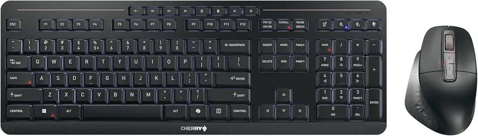 CHERRY Stream Desktop Ultimate, Kabelloses Multi-Device Tastatur-Maus-Set, US-Layout (QWERTY), Ergonomische Rechtshändermaus, Wiederaufladbar, Schwarz