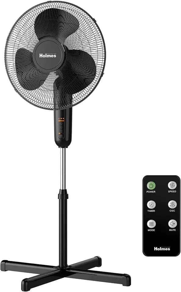 HOLMES 16" Digital Stand Fan, 80° Oscillation, 3 Speeds, 3 Modes, 7.5 Hour Timer, Adjustable Height, 30° Adjustable Head Tilt, Ideal for Home, Bedroom or Office, Remote Control, Black