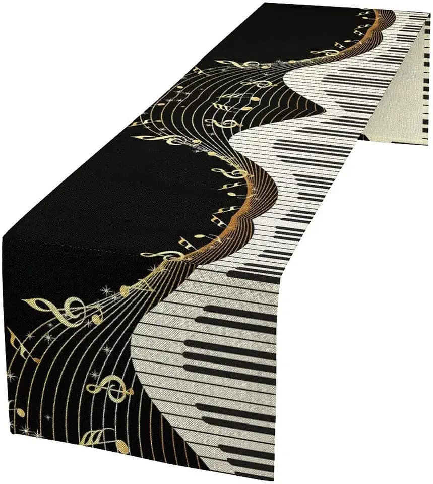 Piano Keyboard Table Runner, Black White Gold Music Note Art Table Decoration for Kitchen Dining Holiday Party, 13x36 Inch