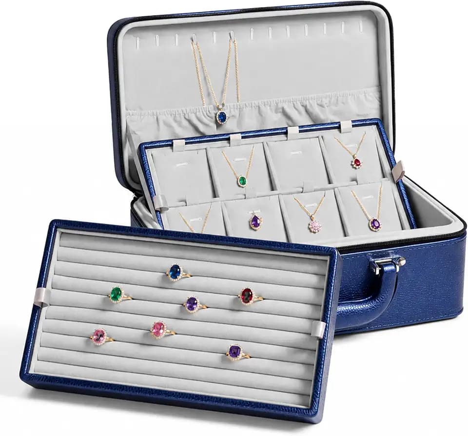 Oirlv Leather Jewelry Box, 3 Layer Travel Jewelry Organizer Tray Blue