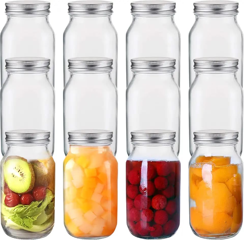 Jucoan 12 Pack 24 oz Glass Mason Jar Canning Jar with Silver Airtight Metal Lids, Regular Mouth Glass Jars for Preserving Fruits, Vegetables, Pickles, Tomato Juices and Sauces, Square Shape