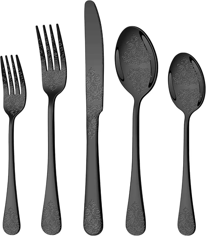 Silverware Set,20-Piece Stainless Steel Flatware Set for 4,Food-Grade Stainless Steel Cutlery Set, Dishwasher Safe, Mirror-Finished Utensil Sets,Reusable Cutlery Set,Black