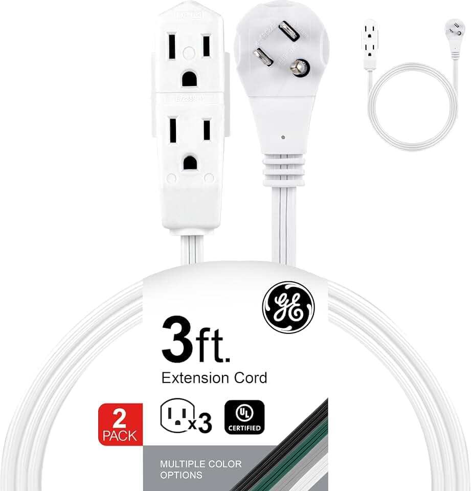 GE 3-Outlet Flat Extension Cord 3 Ft Grounded Extension Cord