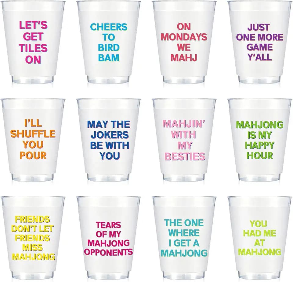 LemonRoad 12 Pcs 16 oz Mahjong Cups Frosted Phrases Mah Jong Party Supplies