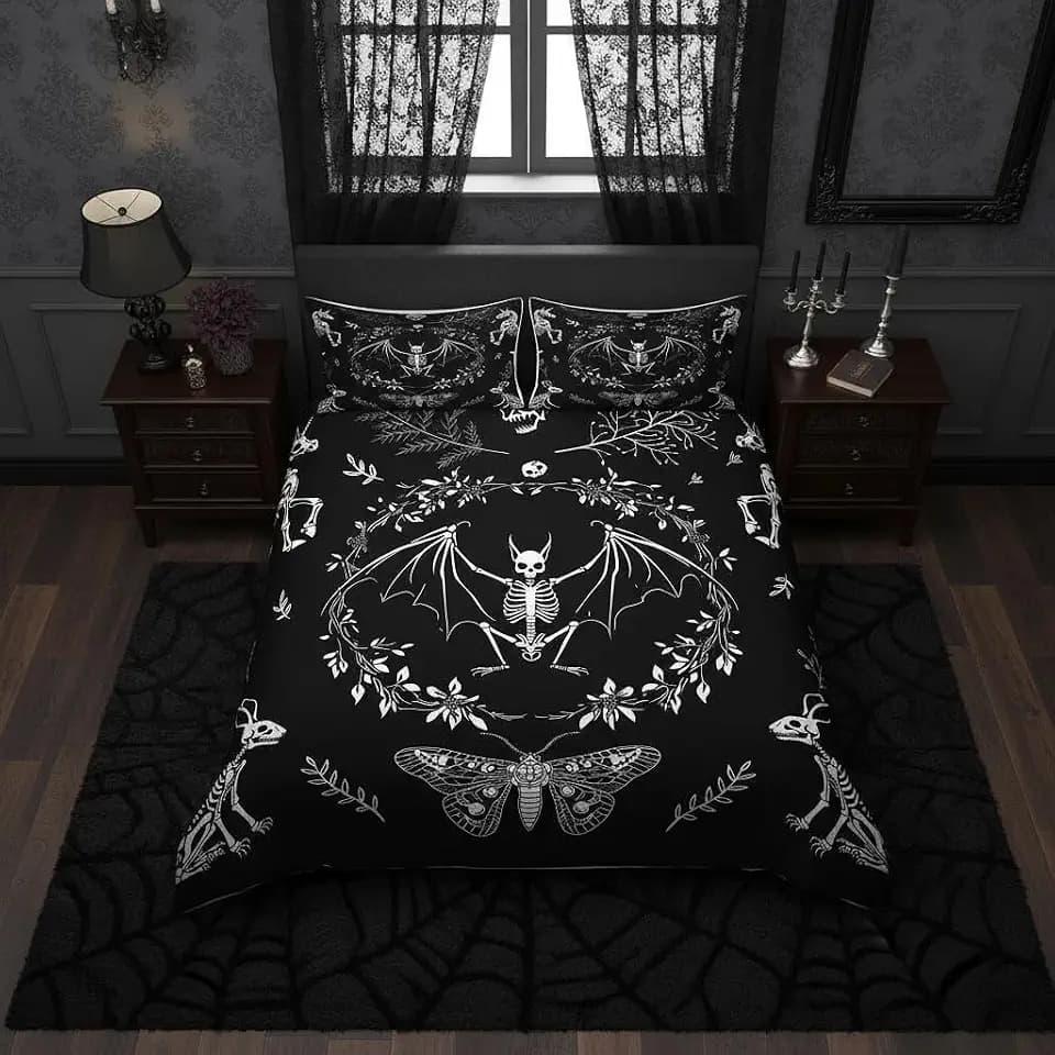 Castle Fairy Moth Animal Theme Duvet Cover Queen Size,Gothic Skull Boho Comforter Cover with 2 Pillowcase for Adults,Black and White Skeleton Decorative Soft Bedding Set,No Comforter