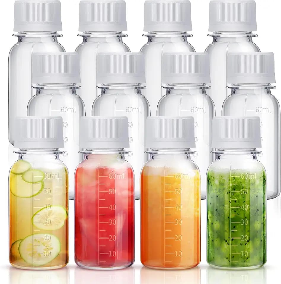 Tanlade 48 Pcs 2 oz Plastic Shot Bottles with Caps for Juice Milk
