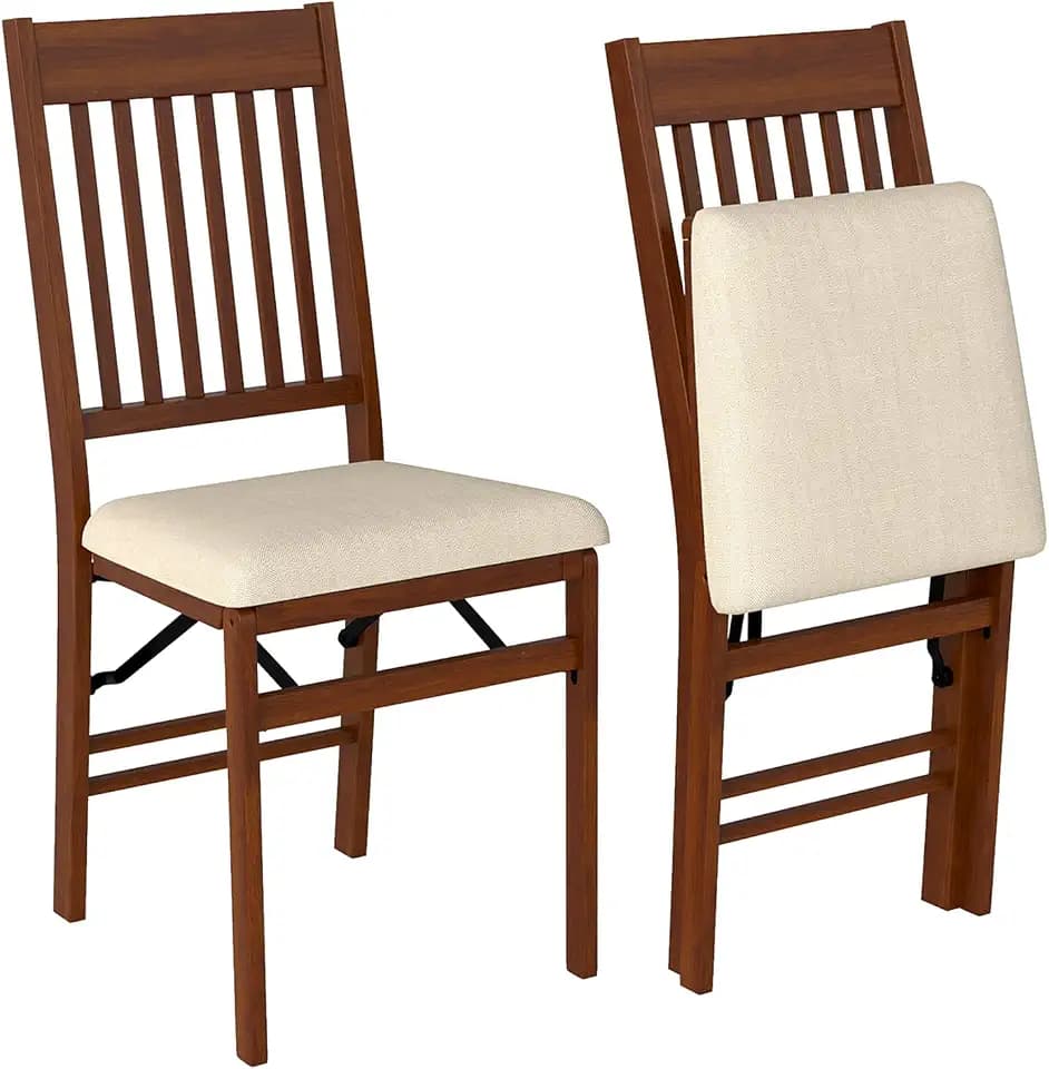 FDW Portable Folding Chairs, Wooden Dining Chairs Set of 2 with Cushion, No Assembly & Compact Design for Kitchen/Dining/Living Room, Brown