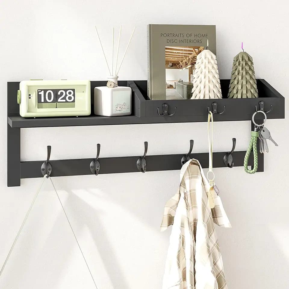 AMBIRD Wall Hooks with Shelf, 26.57 Inch Entryway Wood Coat Hooks for Wall, Coat Rack Wall Mount Rack with 5 Dual Hooks 3 Key Hooks Mail Organizer and Key Rack Key Holder (Black)