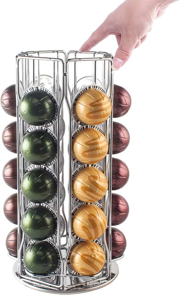 SEVENLINE Coffee Pod Holder – Compatible with Nespresso Vertuo Pods,Storage For 30 Pods Vertuoline Capsules Rotating Stand Carousel Organizer Rack (Silvery)
