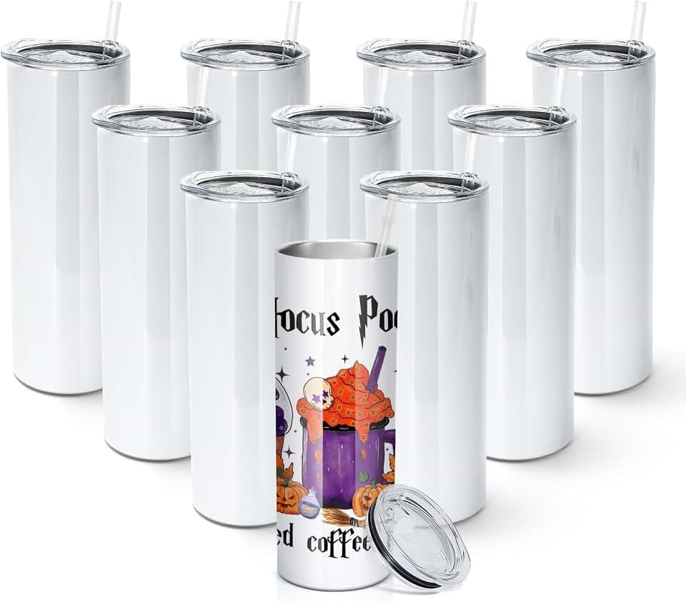 AGH 10 Pack Sublimation Tumblers Blank 20 OZ Straight Skinny Tumbler with Straw, Stainless Steel Double Layer Insulated Mug, Individually Box, Travel Tumblers