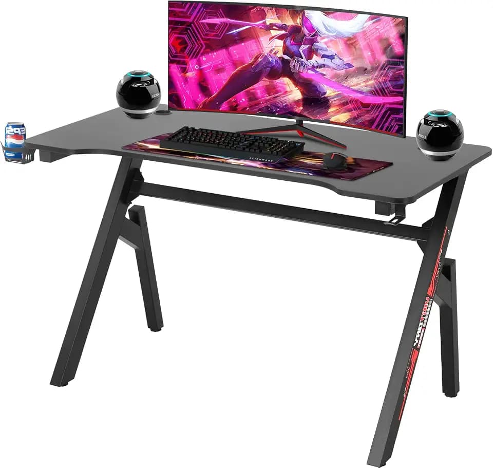 FDW Computer Desk Gaming Desk Student PC Desk Writing Desk Office Desk Modern Ergonomic Racing Style Table Workstation Carbon Fiber Headphone Hook (47in, Red)