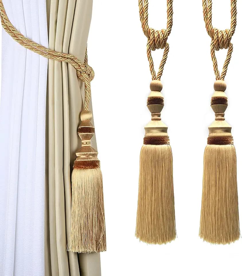 2 Pack Tassel Curtain Tiebacks Drapery Curtain Holdbacks-Gold
