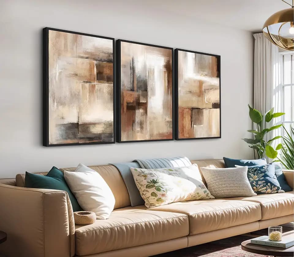 ASDCEUTICALS Large Canvas Wall Art - Brown and Beige Abstract Pictures for Living Room Vintage Wall Decor Retro Rustic Paintings Black Float Framed for Bedroom Dinning Room 32" X 48" X 3 pcs