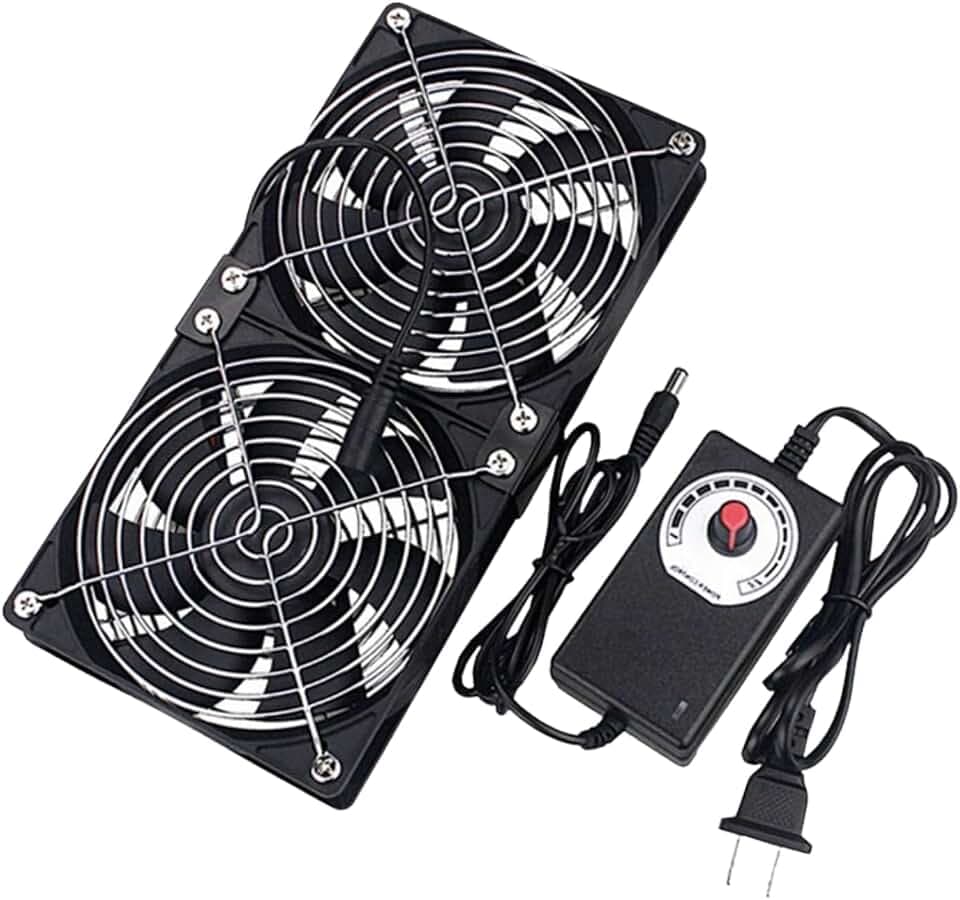 2 x 120mm Lüfter mit Drehzahlregler, 12cm PC Gehäuselüfter 3-12V Einstellbar, 30dBA Leise - Inkl. Netzteil & Metallgittern für Computer, Server, Schrank, Terrarium, Haustierbox & Gewächshaus Belüftung