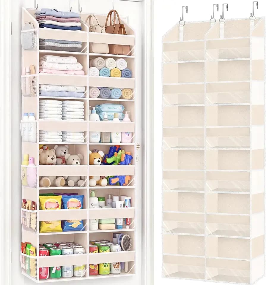 Ofiray-home Over the Door Organizer 6 Tiers, Extra Large Behind Door Storage of 12 Compartments,80 lbs Weight Capacity Hanging Storage Organizer with Clear Window Kids Toys, Shoes, Diapers,Beige