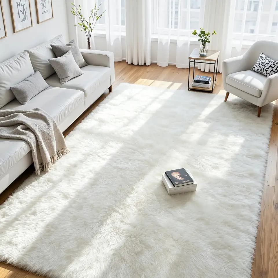 9x12 Fluffy Area Rug for Living Room: Soft Non-Slip White Bedroom Carpet