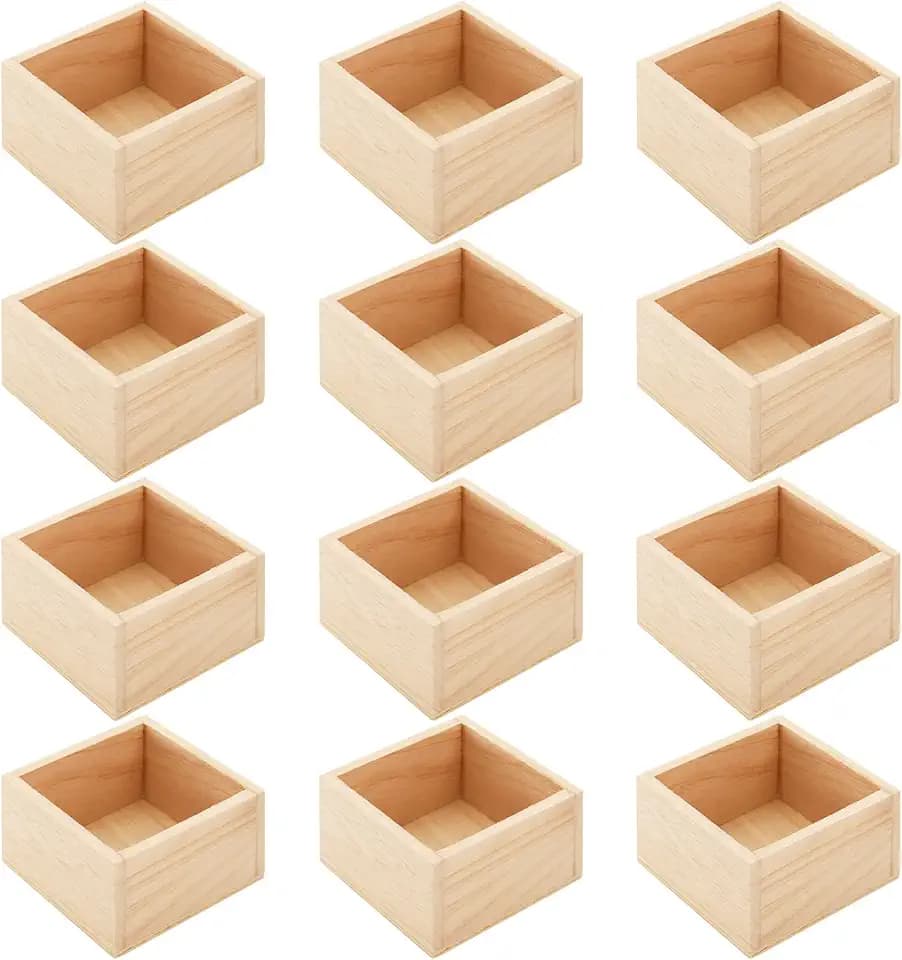 Frcctre 12 Pack Unfinished Small Wooden Box, 4" x 4" Square Wooden Box Craft Storage Organizer Boxes for Art Collectibles, Home Decor, Desktop Drawer Decor, Succulent Plant Pot