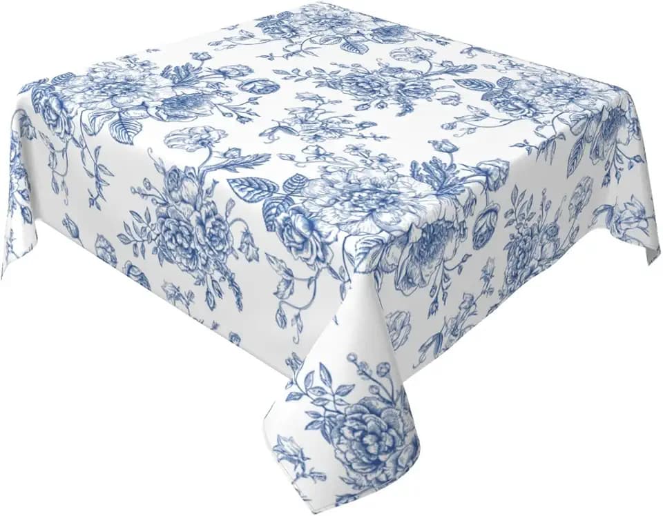 Blue Floral Round Tablecloth 54x54 Inch Square, Blue and White Chinoiserie Flower Toile Table Cloth Spring Decorations Polyester Stain Resistance Table Cover for Party Picnic Kitchen Decor