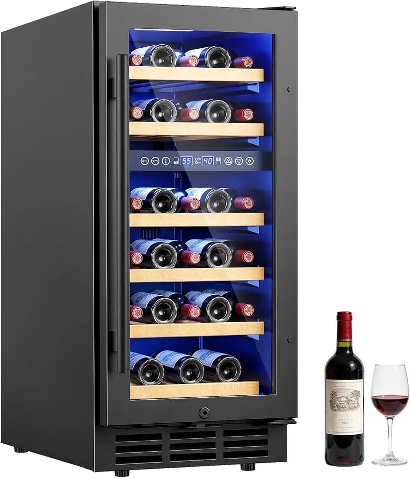 15 Inch Wine Cooler Refrigerator, 28 Bottle Dual Zone Wine Fridge, UV-Resistant Glass Door, Quiet Compressor Cooling Digital Wine Cellar, Built-in or Freestanding Fridge for Home/Bar/Kitchen