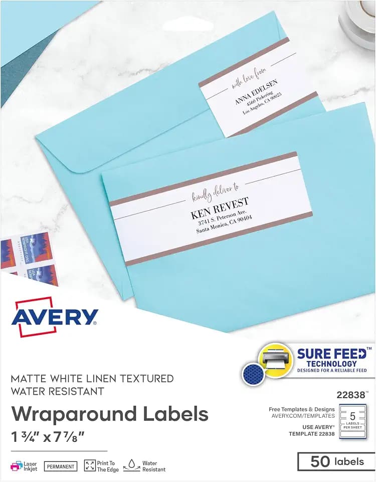 Avery® Printable Wraparound Rectangle Labels, 7.85" x 1.75", Textured White, 50 Customizable Labels (22838)