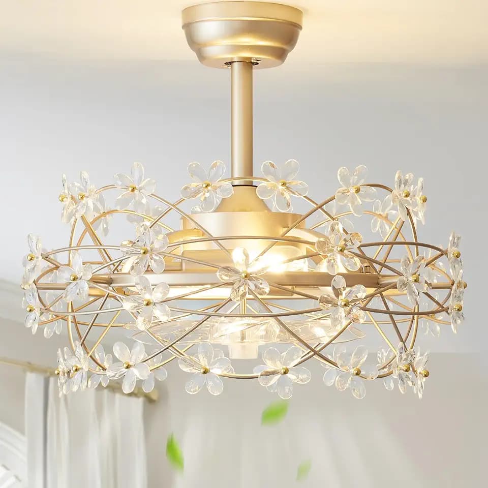 20" Gold Crystal Fandelier Ceiling Fans with lights, Gold Caged Flower ceiling fan with Remote Control, Chandelier with 6 Speeds for Bedroom, Nursery, Living Room