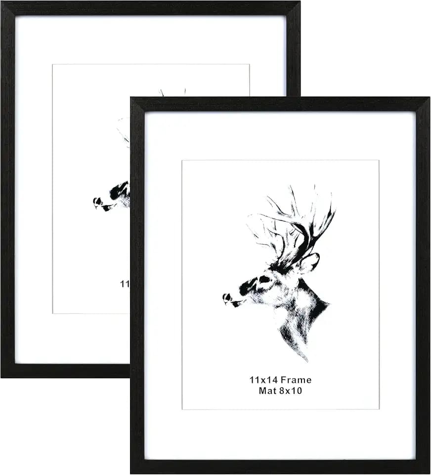 Yaetm Black Wood 11x14 Picture Frame with Mat for 8x10 Set of 2, Solid Wood Photo Frames with Tempered Glass, 11 x 14 Frames for Wall Mounting (2 pack, Black)