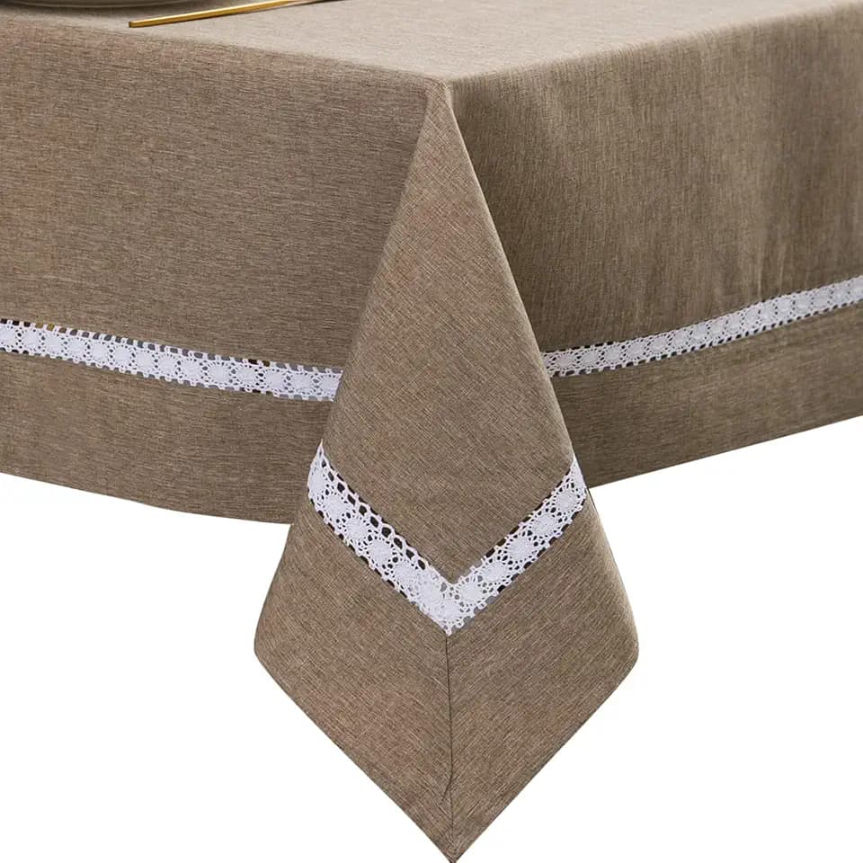 EHouseHome Heavy Duty Fabric Tablecloth with White Lace-Waterproof/Wrinkle Free/Stain Resistant/Oil Proof-for Dining,Indoor&Outdoor,Wedding,Holiday,Flax,Square 52x52Inch