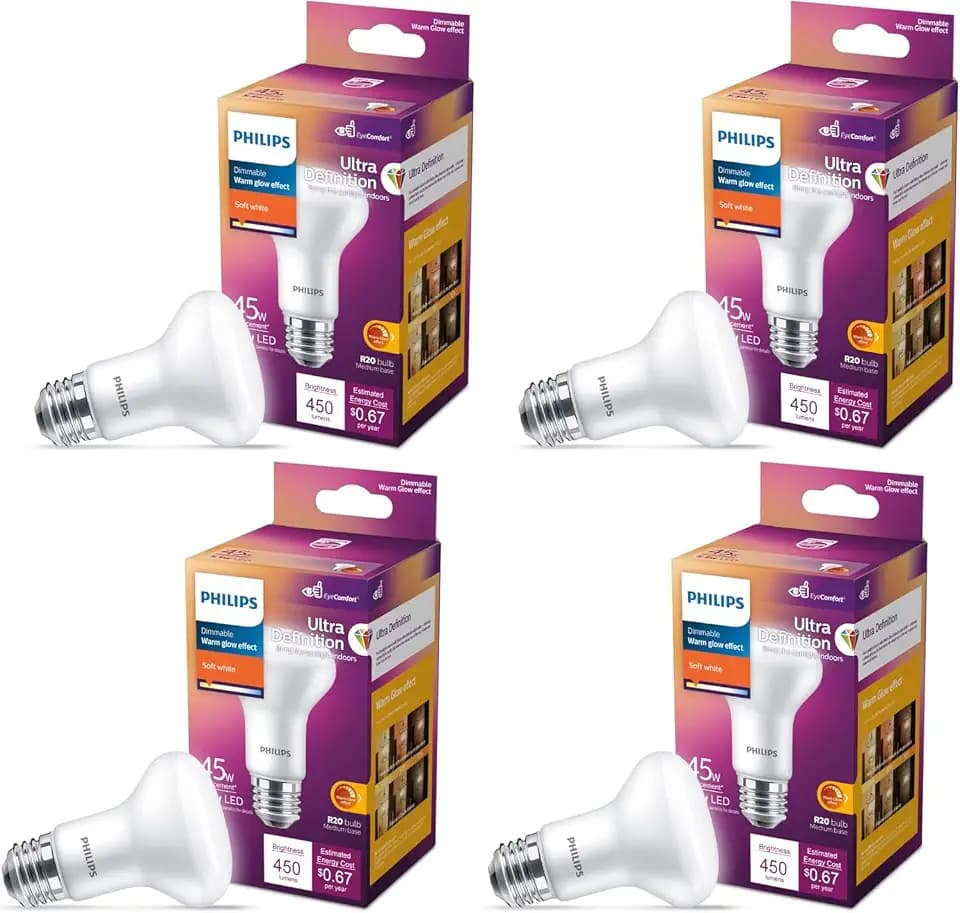 PHILIPS LED 45W R20 4-Pack Ultra Definition Soft White (2700K) 450 Lumen (5.5W = 45W) Dimmable Frosted Flicker-Free Light Bulbs