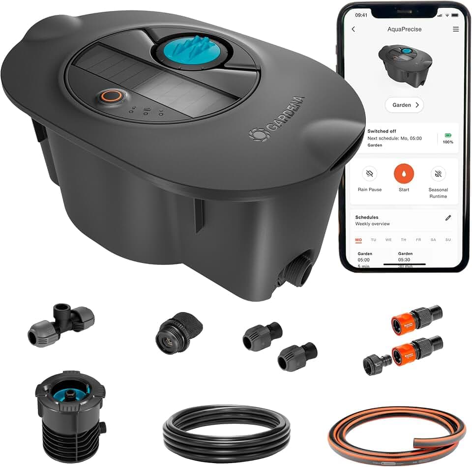 Gardena AquaPrecise Komplett-Set Pipeline Bewässerungssystem für Rasenflächen bis zu 320 m²: solarbetrieben, gleichmäßige Wasserverteilung, für jede Gartenform, Bluetooth (16010-20)